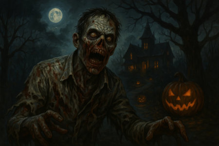 Terrifying zombie emerging from dark forest with haunted mansion and glowing jack-o-lanterns under full moon. concept of halloween, horror scene, spooky night.の写真素材
