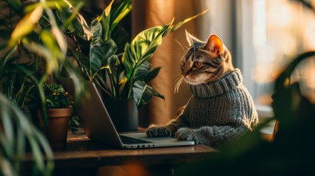 Cute tabby cat wearing cozy sweater sitting at desk in front of laptop surrounded by indoor plants, working. Concept of pet comfort, relaxation, and home office vibe, funny animal.のeditorial素材