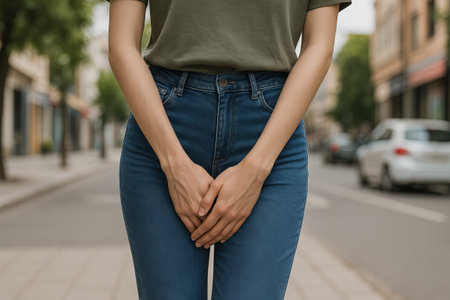 Young woman standing on city street with hands covering crotch in discomfort. Concept of gynecology problem, urinary urgency, pelvic pain, bladder infection, female health issue.の写真素材