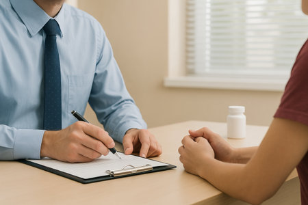 Caucasian man visiting doctor for medical consultation in a clinic office. concept of healthcare, patient care, professional advice. medicine, wellness, health support.のeditorial素材