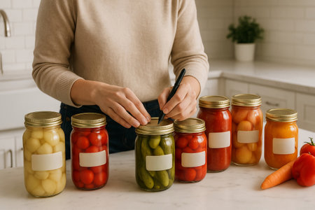 Woman writing on blank labels for glass jars with preserved vegetables and fruits in home kitchen. Concept of homemade food storage, canning preparation, pantry organization, mockup for labeling.のeditorial素材