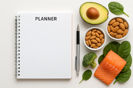 open planner with fresh ingredients including avocado, almonds, and salmon on a white background. concept of health planning, nutritional diet, organization, mockup, copy space, white background.の写真素材