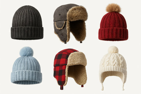Collection of stylish winter hats featuring diverse designs and colors for cold weather. concept of winter fashion accessories, headwear variety, seasonal warmth, isolated on white background.の写真素材
