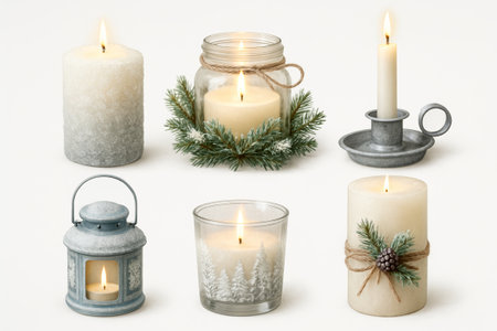 Assorted winter Christmas candles and holders with pine decor on white background. concept of cozy seasonal home decor, holiday ambiance, warm candlelight.の写真素材