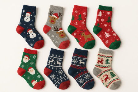 Set of Colorful winter socks with festive patterns featuring snowmen, reindeer, and christmas trees on a white background. concept of cozy winter wear, festive season, holiday clothing.の写真素材