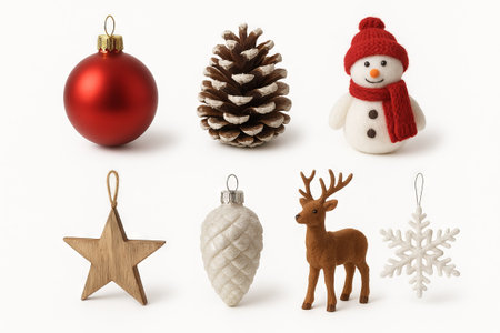 Assorted christmas decorations featuring red ornament, pinecone, snowman, wooden star, reindeer, and snowflake on white background. concept of holiday decor, festive season, christmas ornaments.の写真素材