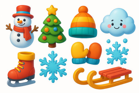 Set of winter toys including snowman, christmas tree, hat, cloud, snowflakes, mitten, sled, and ice skate. concept of winter leisure, festive decor, isolated on white background, illustration.の写真素材