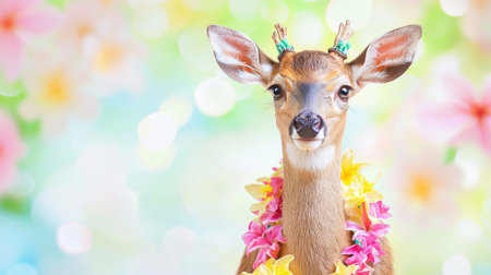 Young deer adorned with colorful flower necklace in whimsical garden setting filled with soft bokeh...