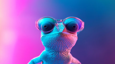 Colorful chameleon wearing stylish sunglasses against a vibrant background. Concept of fun, fashion, nature, and unique wildlife in a playful setting., funny animal.の写真素材