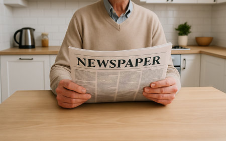 Elderly man reading newspaper at home, engaged in quiet reflection and lifelong learning in a simple, cozy setting.のeditorial素材