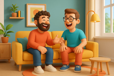 Joyful conversation between two friends on a cozy sofa in bright living room. concept of friendship,...