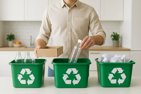 Man organizing recycling in modern kitchen with green bins holding plastic and glass. concept of eco-friendly lifestyle, waste management, sustainable living.のeditorial素材