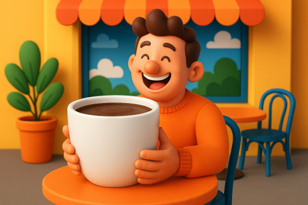 Happy moment in cafe with smiling man holding a large coffee cup, cheerful atmosphere of relaxation...