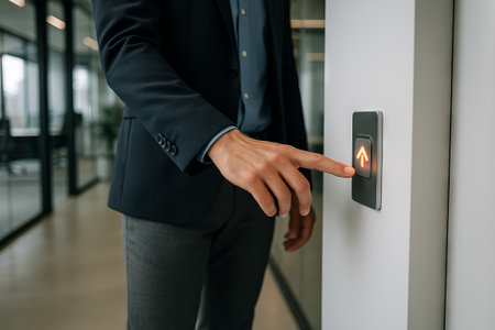 Man in business suit pressing elevator button inside modern office building. concept of business...