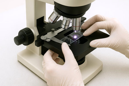 Scientist adjusting microscope slide with precision in laboratory setting. concept of scientific research, laboratory equipment, precision work in science.の写真素材