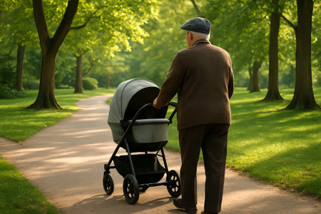 Elderly caucasian man walking with baby stroller in lush green park during a pleasant day. concept of family bonding, outdoor leisure, generational connection.の写真素材
