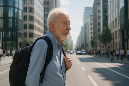 Elderly caucasian man traveling in urban cityscape with backpack on a sunny day. concept of adventure, urban exploration, senior traveler experience.のeditorial素材