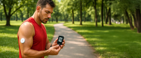 Caucasian male athlete monitoring glucose levels with device during outdoor exercise in a park. concept of health, fitness technology, diabetes awareness. Man with glucometer, wide banner, copy space.のeditorial素材