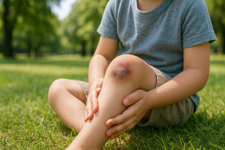 Young caucasian boy sitting in a summer park with a bruise on his knee, enjoying the outdoors. concept of childhood fun, minor injury, outdoor activity, and resilience.のeditorial素材