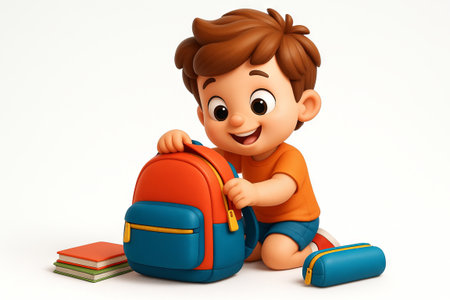Young boy packing backpack for school with books and pencil case. concept of childhood learning, education preparation, happy kid, isolated on white background.の写真素材