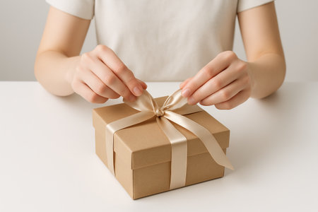 Woman tying a satin ribbon onto a brown craft gift box on a white table. concept of gift wrapping, handmade present, special occasion celebration.の写真素材