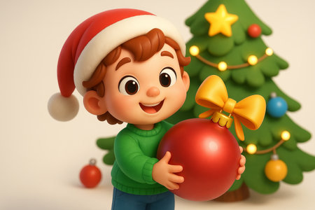 Smiling child holding christmas ornament with decorated tree in background. concept of festive holiday cheer, joyful celebration, cute seasonal tradition.の写真素材