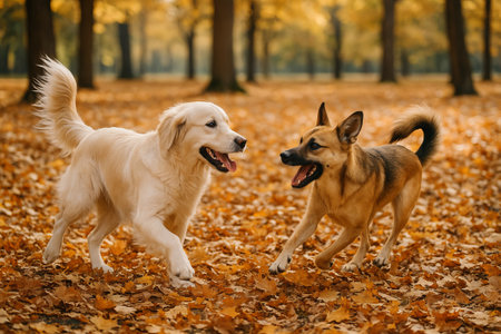 Dogs playing in an autumn park with falling leaves during a sunny day. concept of outdoor fun, happy pets, seasonal landscape.の写真素材