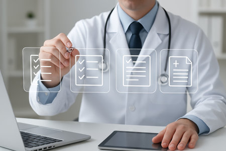 Doctor interacting with virtual medical checklist and electronic documents using digital interface. Concept of healthcare technology, electronic records, digital health management.の写真素材