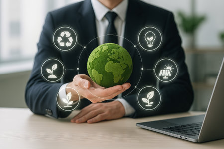 Eco-friendly businessman holding green globe surrounded by green energy icons in modern office. concept of sustainable business, environmental awareness, renewable energy.の写真素材