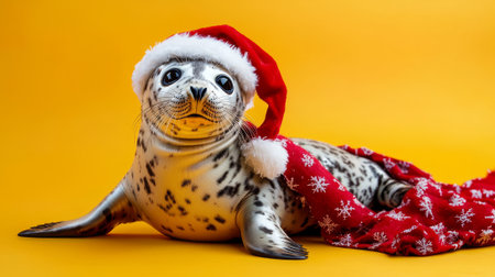 Adorable seal wearing festive Christmas Santa hat and red blanket with snowflakes on bright yellow background. Perfect representation of holiday cheer and joy for winter season, funny animal.の写真素材