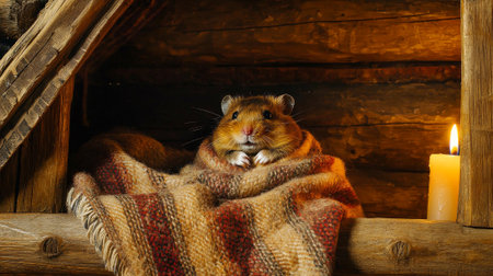 Adorable small rodent hamster resting comfortably in cozy blanket near flickering candlelight inside wooden cabin. Concept of warmth, relaxation, and tranquil home environment, funny animal.の写真素材