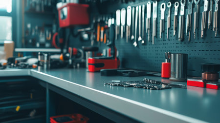 Organized workshop with tools and key blanks neatly arranged on workbench. Concept of locksmithing, professional repair, craftsmanship, mechanical work, precision engineering, locksmith tools.の写真素材