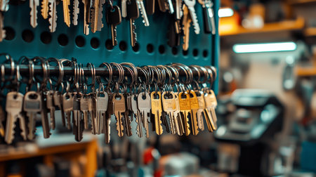 Minimalist organized key rack in lock workshop. concept of order, efficiency, practical storage...