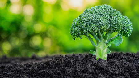 Fresh broccoli plant growing in fertile garden soil. concept of organic farming, healthy eating, sustainable agriculture, Copy space.の写真素材