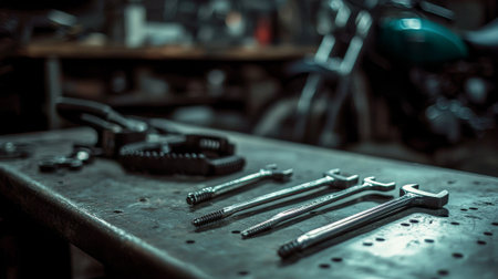 Screwdrivers and wrenches on workbench in motorcycle engineering workshop. concept of tool organization, mechanical work, industrial maintenance, repair shop, garage, service center, Copy space.の写真素材