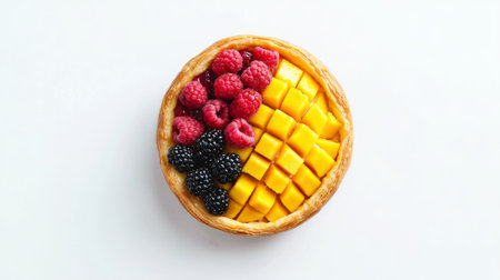 Delicious fruit tart with fresh mango cubes, raspberries, and blackberries on flaky golden crust, isolated on white background. Concept of gourmet dessert, pastry, sweet treat, summer fruits.の写真素材