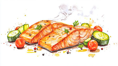 Delicious grilled salmon watercolor illustration with fresh vegetables. concept of culinary art, gourmet cuisine, food presentation, dining decor, salmon fillet.の写真素材