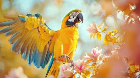 Vibrant parrot flapping its wings among blossoms in a tropical garden. concept of colorful wildlife,...