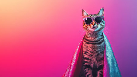 Funky tabby cat wearing glittery sunglasses and shiny cape against vibrant pink and orange background. concept of cool pet, playful style, feline fashion, copy space.の写真素材
