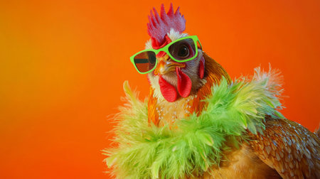 Funky chicken in neon accessories with green feather boa and sunglasses on vibrant orange background. concept of fun, quirky style, colorful animal , copy space.の写真素材
