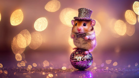 Cute hamster in a glittering top hat and bow tie sitting on a sparkling disco ball with dazzling bokeh lights. concept of adorable pet, festive decoration, whimsical charm, copy space.の写真素材
