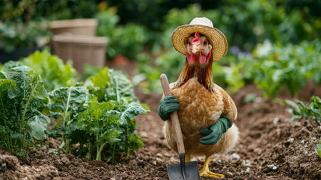 Chicken wearing a sun hat and gloves gardening with a shovel in a lush vegetable garden. concept of...