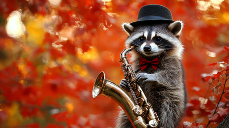 Jazzy raccoon wearing a tiny fedora and bow tie playing saxophone amidst vibrant red autumn leaves. concept of musical animal, whimsical wildlife, fall season, funny animal, copy space.の写真素材