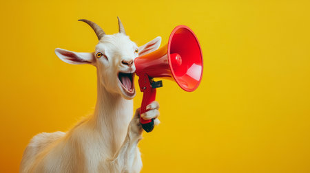 Funny white goat holding red megaphone against bright yellow background. concept of animal humor, funny pet, copy space.の写真素材