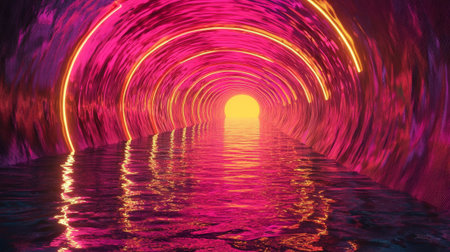 Neon light tunnel reflection with vibrant technicolor hues and luminous water surface. concept of futuristic design, abstract art, vibrant color experience.の写真素材