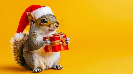 Festive santa squirrel holding a gift box against vibrant yellow background. concept of holiday cheer, christmas celebration, winter fun, copy space.の写真素材