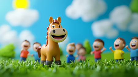 Smiling horse in cartoon style with happy children in a sunny park. concept of joyful animals,...