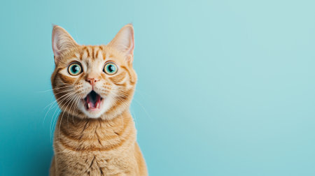 Wide-eyed orange tabby cat on blue background looking surprised. concept of adorable pet, playful feline expression, funny animal, copy space.の写真素材