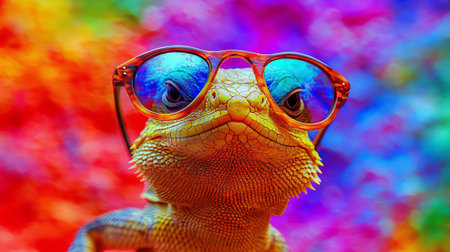Vibrant lizard wearing sunglasses against abstract colorful background. concept of fun, stylish reptile, colorful art, summer vibe.の写真素材