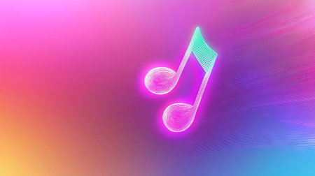 Vibrant neon music note on colorful gradient background, symbolizing lively melody and dynamic rhythm. concept of musical energy, digital art, modern aesthetic, copy space.の写真素材